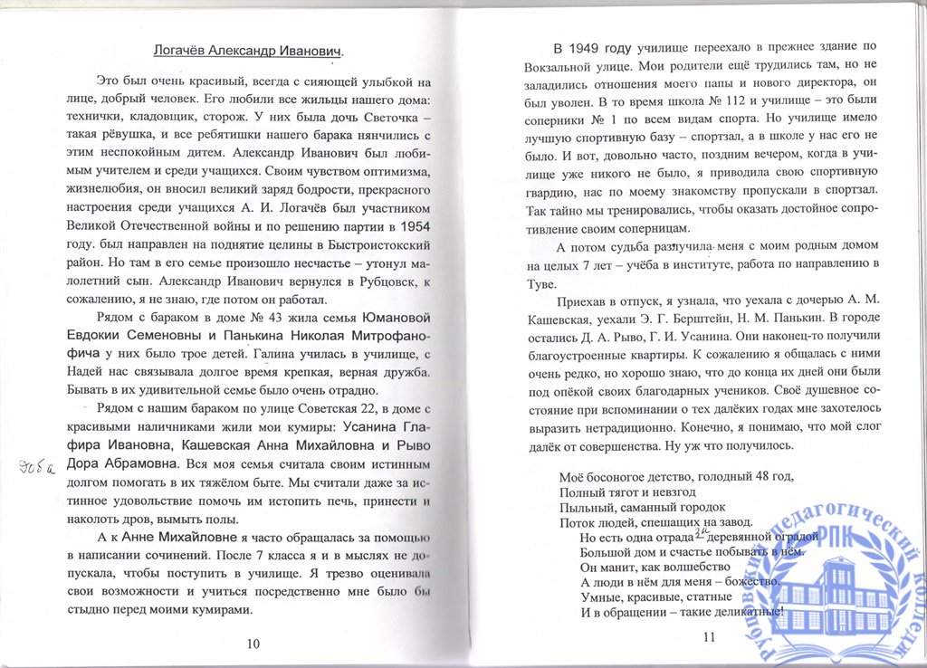 Воспоминания. Моя память о некоторых лицах, фактах, за время работы в моём родном Рубцовском педучилище.